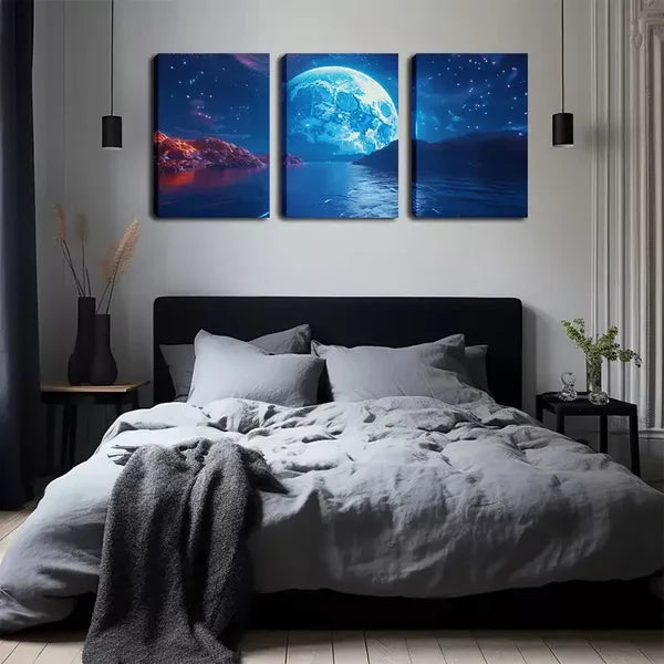 3pcs Large Moon On The Sea Level Wall Art Set Canvas Framed 60x90cm - High Quality Print 100% Australian Made Wall Canvas Ready to Hang