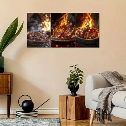 3pcs Vintage-Inspired with Warm Fire & Meat Scene Metal Print Ready to Hang Art - Bella Home Decor