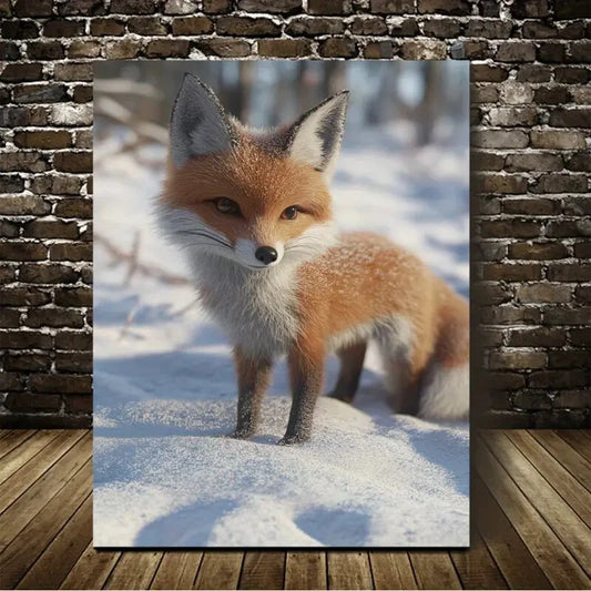 Snow Red Fox On The Snow Painting 40x60cm Metal Print Ready to Hang - Bella Home Decor