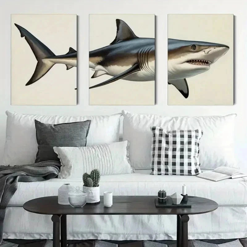 3pcs Shark Canvas Versatile MultiScene Artwork  Wall Art Set Canvas Framed 40x60cm - High Quality Print 100% Australian Made Wall Canvas Ready to Hang