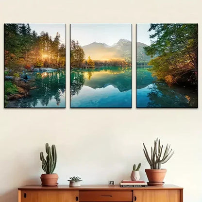 3pcs Sunrise Mountains, Forest, Lake Reflections Wall Art Canvas Unframed - High Quality Print 100% Australian Made Wall Canvas