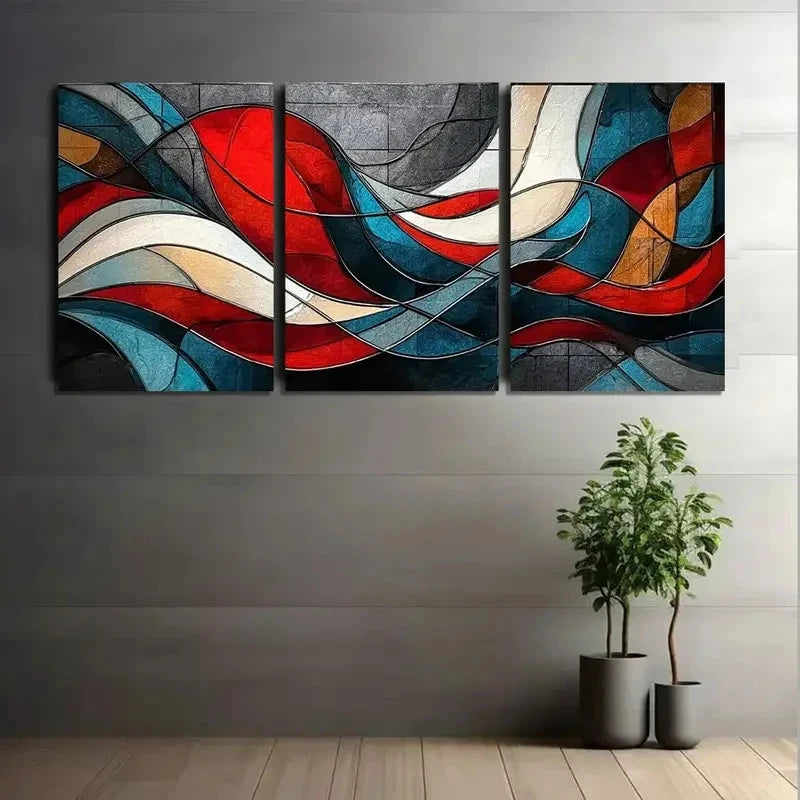 3pcs Abstract Red White and Blue Flowing Shapes Metal Print Ready to Hang Art - Bella Home Decor