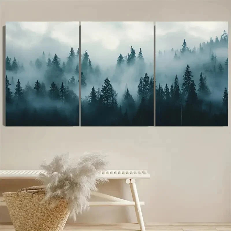 3pcs Misty Mountain Serenity Forest Elegant Metal Print Ready to Hang Art - Bella Home Decor