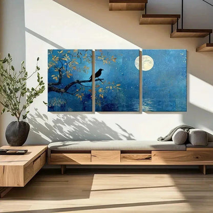 3pcs Moonlit Night Silhouette Crow Tree Branches Metal Print Ready to Hang Art - Bella Home Decor