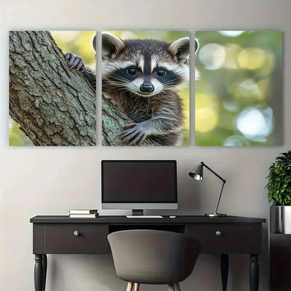 3pcs Adorable Baby Raccoon Climbing Wildlife Metal Print Ready to Hang Art - Bella Home Decor
