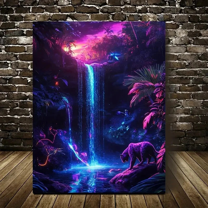 Neon Glow Waterfall Scene Panther Painting 40x60cm Metal Print Ready to Hang - Bella Home Decor