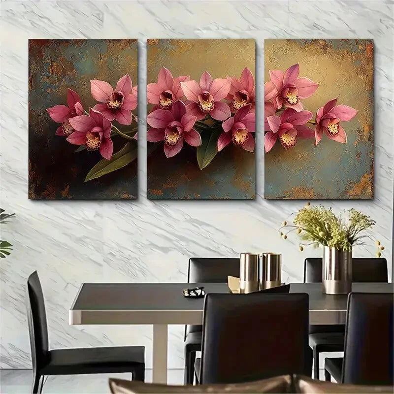 3pcs Vintage Orchid Flowers Rustic Illustration Metal Print Ready to Hang Art - Bella Home Decor
