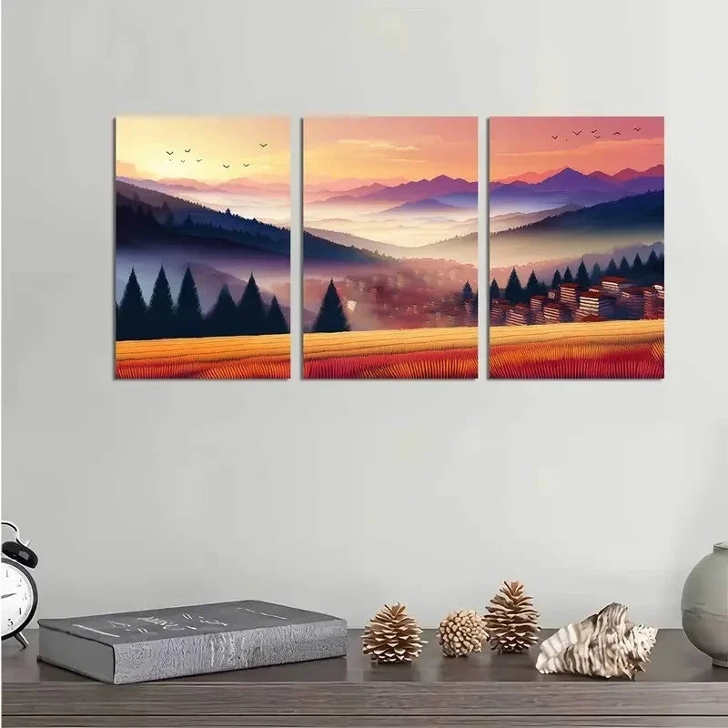 3pcs Color Landscape Mountain Village Metal Print Ready to Hang Art - Bella Home Decor