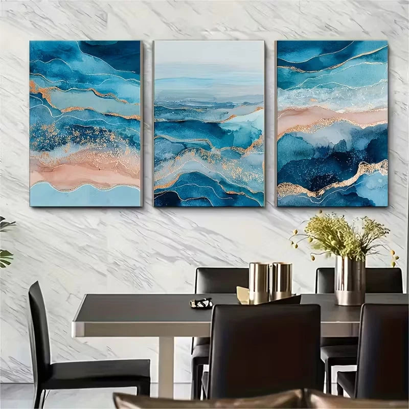 3pcs Abstract Watercolor Seaside Metal Print Ready to Hang Art - Bella Home Decor