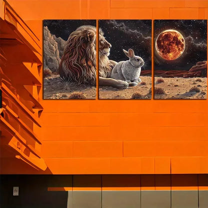 3pcs Lion And Rabbit Watching The Fire Colored Moon Wall Art Set Canvas Framed 50x70cm - High Quality Print 100% Australian Made Wall Canvas Ready to Hang