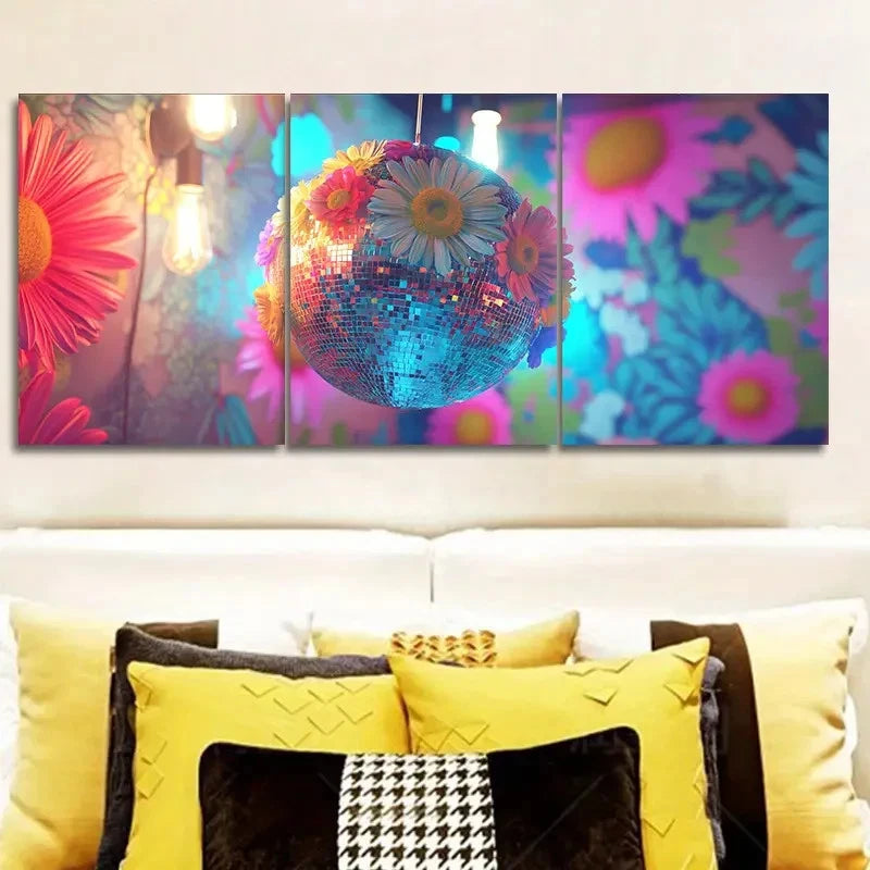 3pcs Vibrant Disco Ball & Floral Wall Art Set Canvas Framed 60x90cm - High Quality Print 100% Australian Made Wall Canvas Ready to Hang - Bella Home Decor