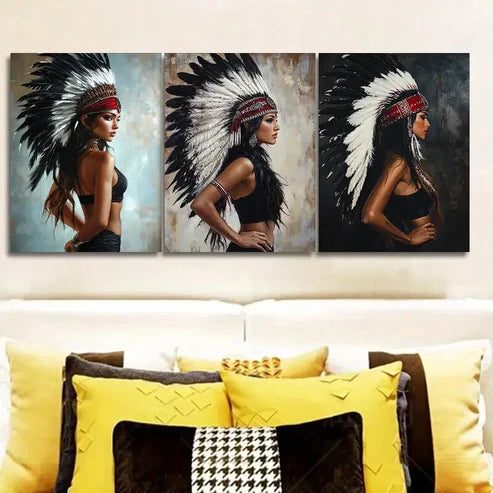 3pcs Indian Girls Wear Feathered Headdresses Wall Art Set Canvas Unframed - High Quality Print 100% Australian Made Wall Canvas