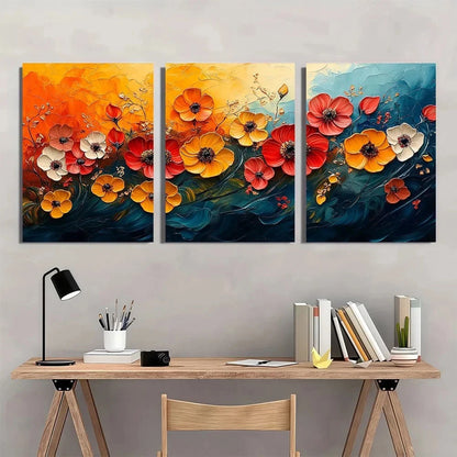 3pcs Vibrant Floral Abstract Red Green Metal Print Ready to Hang Art