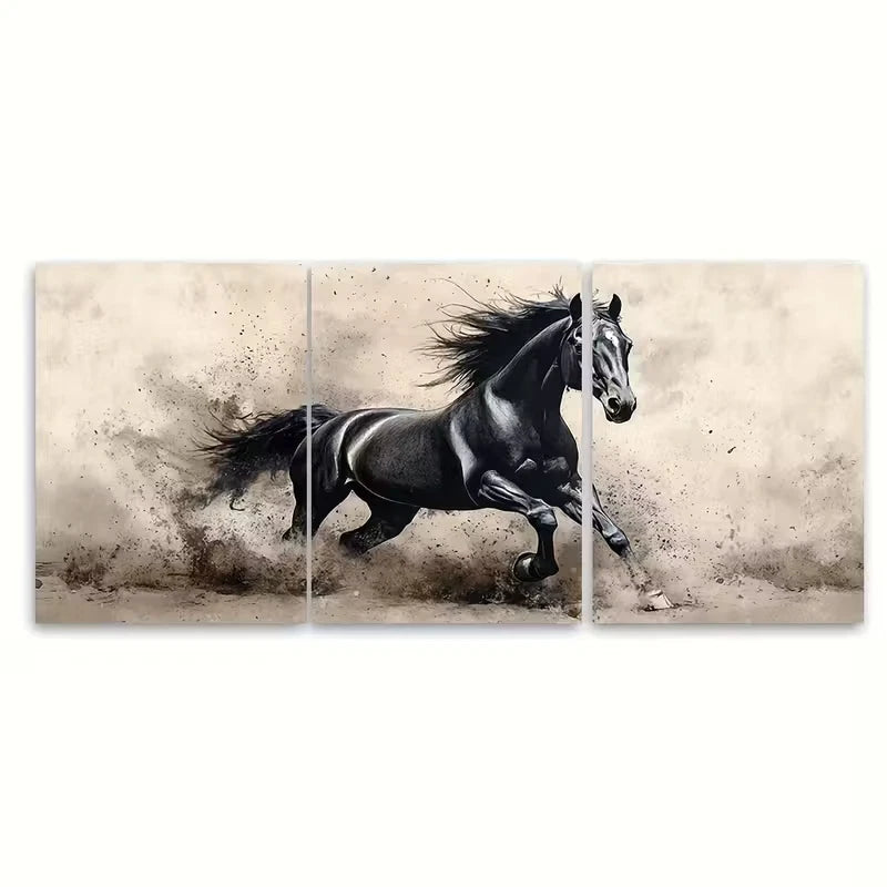 3pcs Black Horse Watercolour Ink Metal Print Ready to Hang Art - Bella Home Decor