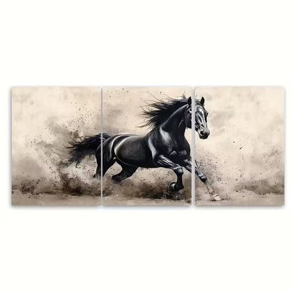 3pcs Black Horse Watercolour Ink Metal Print Ready to Hang Art - Bella Home Decor
