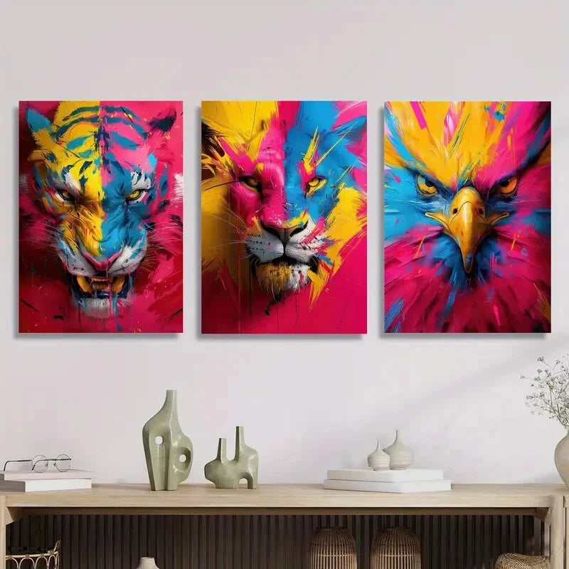 3pcs Vibrant Tiger & Lion Colorful Abstract Metal Print Ready to Hang Art