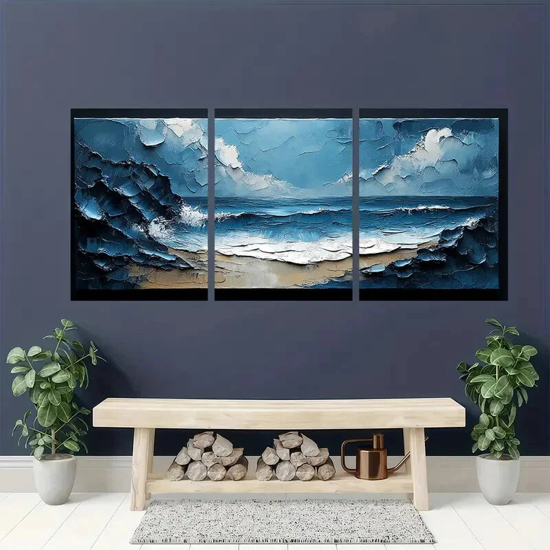 3pcs Abstract Ocean Waves Blue & Gray Textured Metal Print Ready to Hang Art - Bella Home Decor