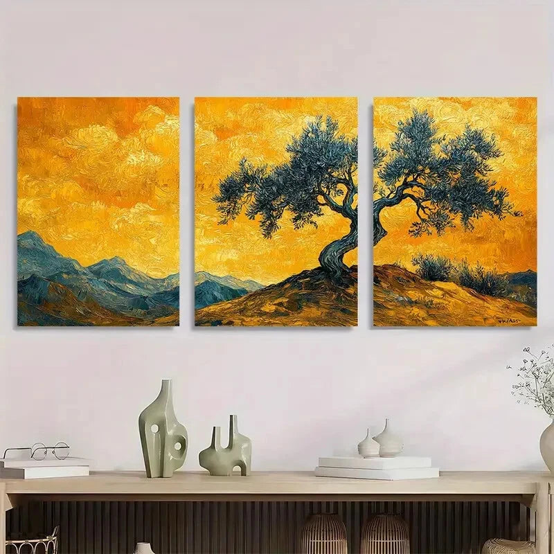 3pcs Van Gogh Olive Tree Abstract Metal Print Ready to Hang Art - Bella Home Decor