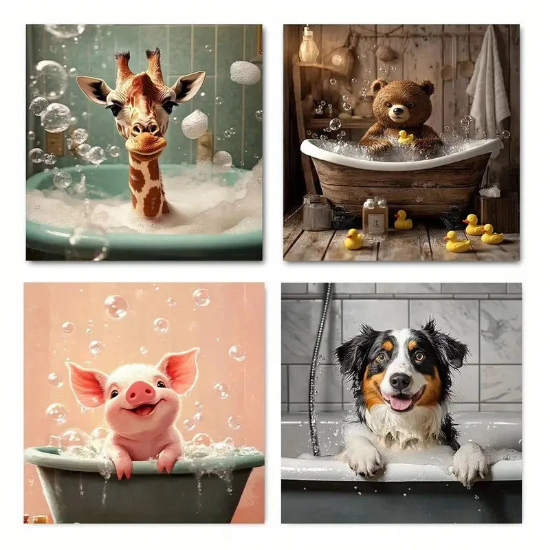 4pcs Featuring Dog, Pig, Bear, Giraffe In Bath Wall Art Canvas Framed