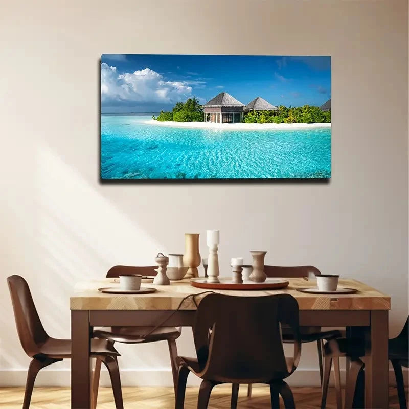 Vibrant Beach Scene Palm Tree Wall Art Canvas Office Home Room Framed 120x60cm