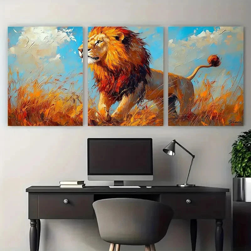 3pcs Lion in Majestic Pose with Vibrant Colors Metal Print Ready to Hang Art - Bella Home Decor