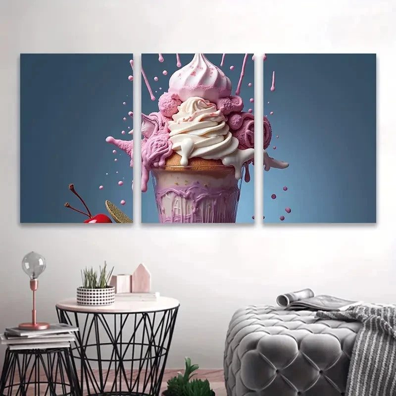 3pcs Ice Cream Sundae with Whipped Cream Wall Art Set Canvas Framed 40x60cm - High Quality Print 100% Australian Made Wall Canvas Ready to Hang