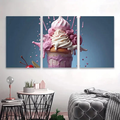 3pcs Ice Cream Sundae with Whipped Cream Wall Art Set Canvas Framed 40x60cm - High Quality Print 100% Australian Made Wall Canvas Ready to Hang