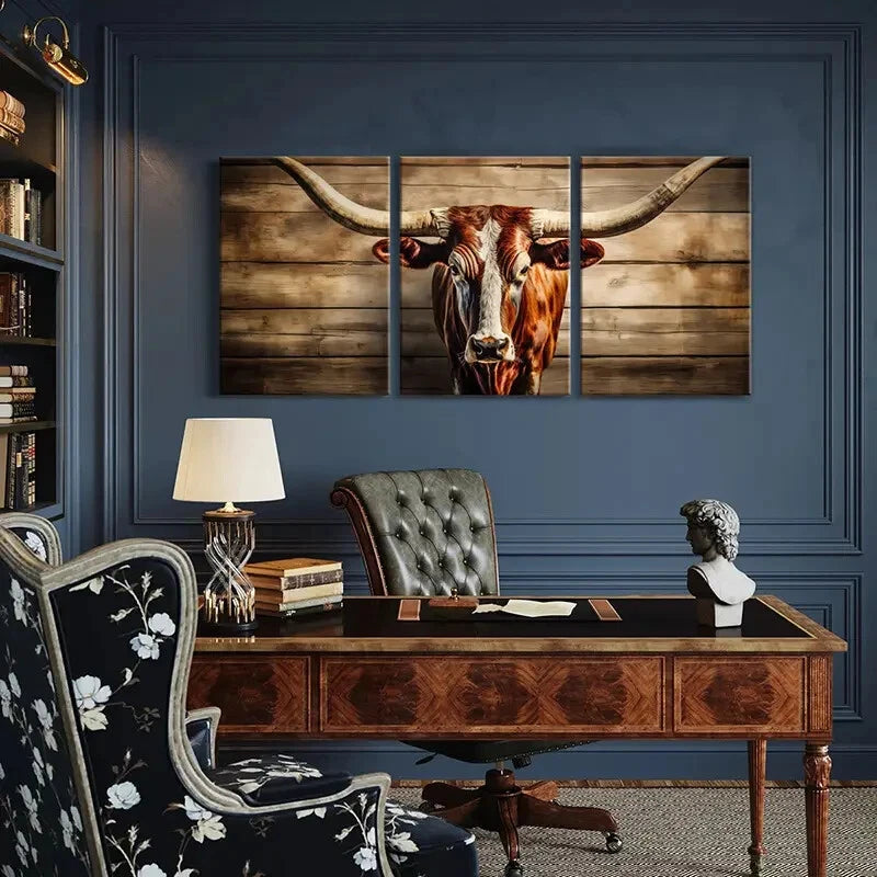 3pcs Rustic Longhorn Vintage Farmhouse Animal Metal Print Ready to Hang Art - Bella Home Decor