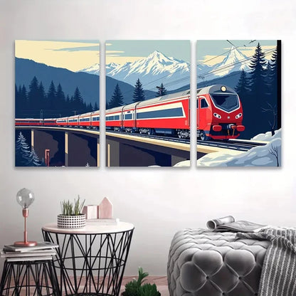 3pcs Red Train Through Snowy Mountains Wall Art Set Canvas Framed 40x60cm - High Quality Print 100% Australian Made Wall Canvas Ready to Hang