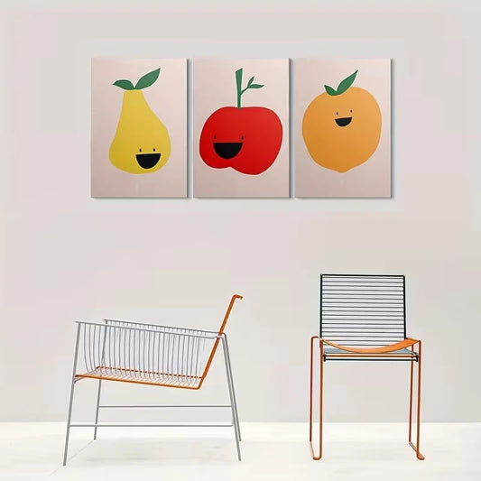 3pcs Smiling Pineapple, Apple & Banana Metal Print Ready to Hang Art