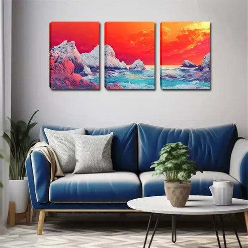 3pcs Vibrant Sunset Coastal Landscape Wall Art Set Canvas Unframed - High Quality Print 100% Australian Made Wall Canvas