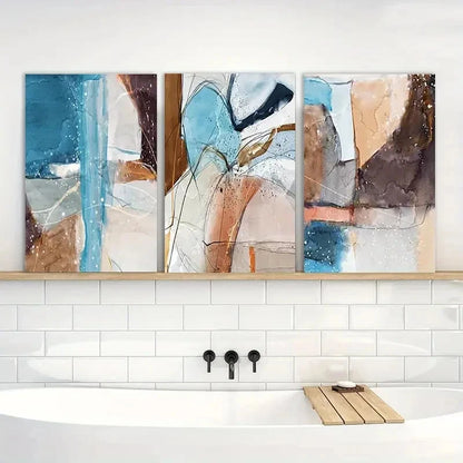 3pcs Vibrant Blue Orange & White Geometric Print Metal Print Ready to Hang Art - Bella Home Decor