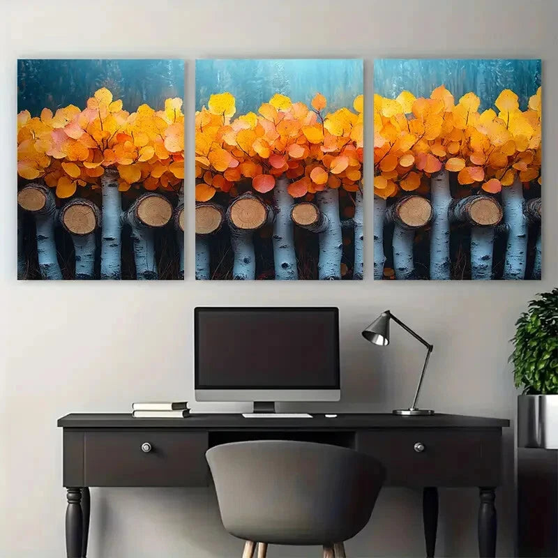 3pcs Vibrant Golden Yellow Leaves Aspen Trees Metal Print Ready to Hang Art - Bella Home Decor