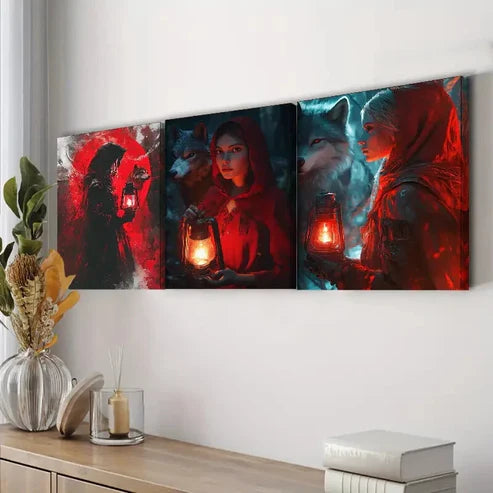 3pcs The Red Girl and the Wolf Darkness Wall Art Set Canvas Unframed - High Quality Print 100% Australian Made Wall Canvas