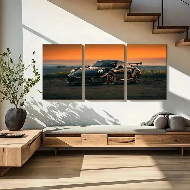 3pcs Modern Black Porsche Super Car Wall Art Set Canvas Framed 50x70cm - High Quality Print 100% Australian Made Wall Canvas Ready to Hang