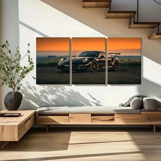 3pcs Modern Black Porsche Super Car Wall Art Set Canvas Framed 50x70cm - High Quality Print 100% Australian Made Wall Canvas Ready to Hang
