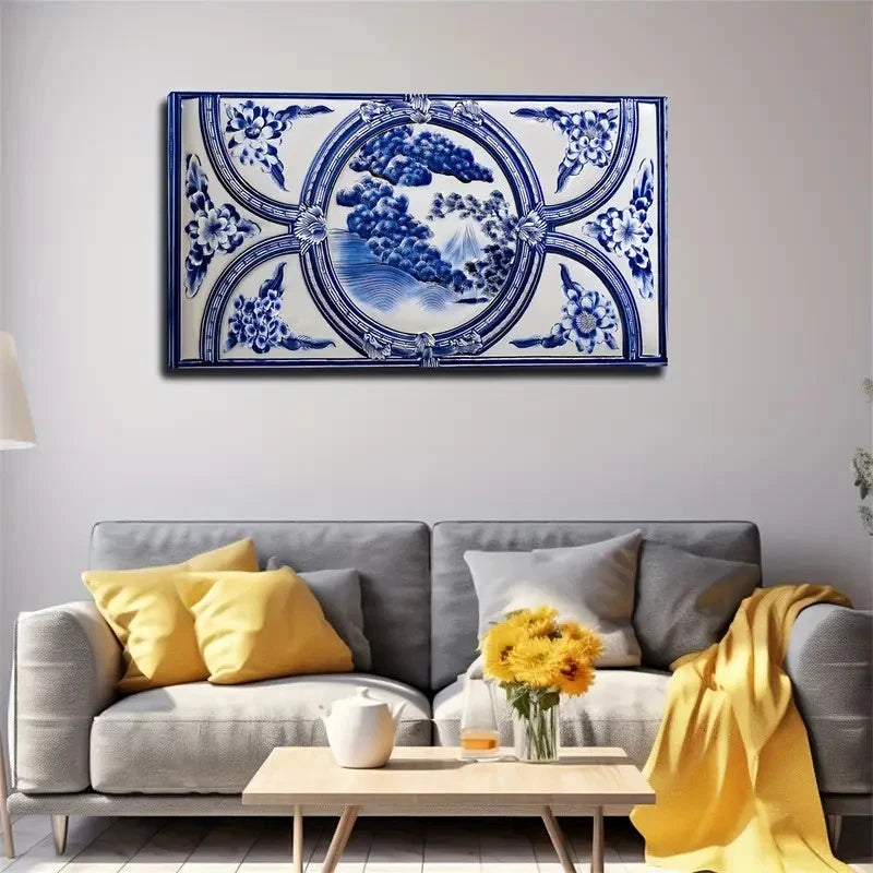 Blue And White Porcelain Wall Art Canvas Office Home Room Framed 120x60cm