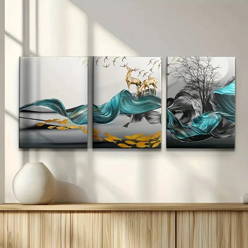 3pcs Abstract Blue Black Golden Turquoise Leaf Metal Print Ready to Hang Art - Bella Home Decor