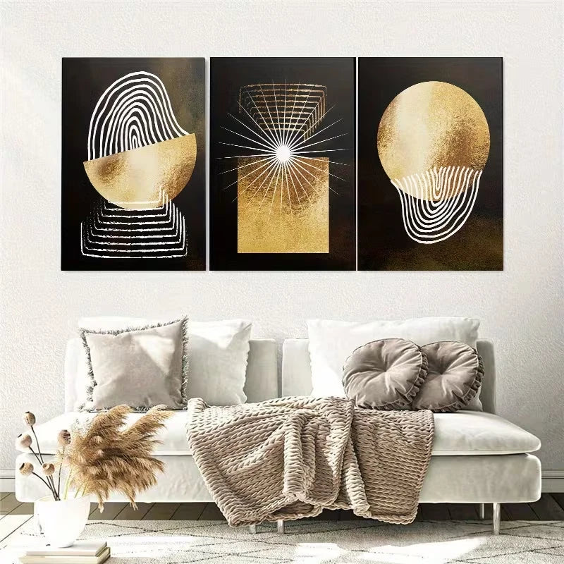 3pcs Abstract Golden Geometry Painting Wall Art Set Canvas Framed 40x60cm - High Quality Print 100% Australian Made Wall Canvas Ready to Hang - Bella Home Decor
