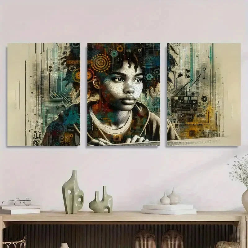 3pcs Futuristic Cyber Tech Girl Abstract Metal Print Ready to Hang Art - Bella Home Decor