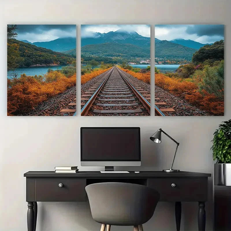 3pcs Train Tracks Through Autumn Lands Perfect Wall Art Set Canvas Framed 40x60cm - High Quality Print 100% Australian Made Wall Canvas Ready to Hang