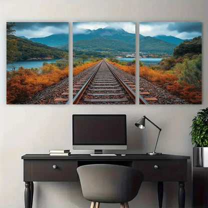 3pcs Train Tracks Through Autumn Lands Perfect Wall Art Set Canvas Framed 40x60cm - High Quality Print 100% Australian Made Wall Canvas Ready to Hang