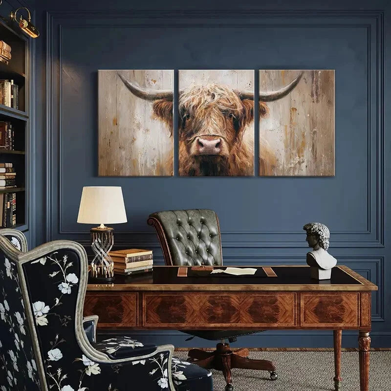 3pcs Highland Cow Art Rustic Farmhouse Painting Metal Print Ready to Hang Art - Bella Home Decor