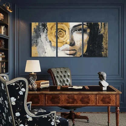 3pcs Abstract Art Golden Rose Woman Face Metal Print Ready to Hang Art - Bella Home Decor
