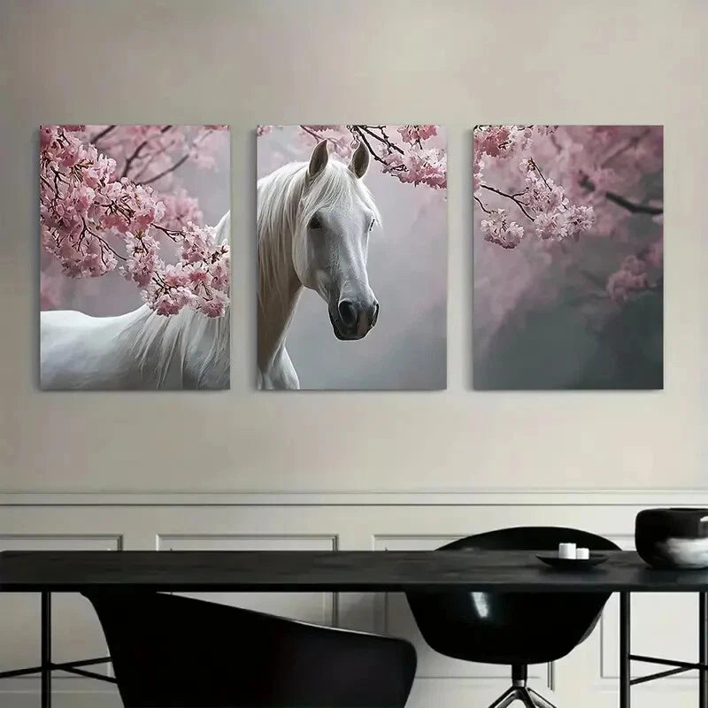 3pcs Cherry Blossom Tree with Petals White Horse Metal Print Ready to Hang Art - Bella Home Decor