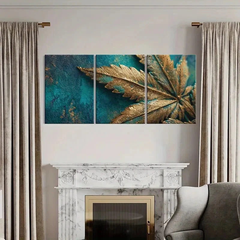 3pcs Golden Leaf Art Abstract Design Teal Metal Print Ready to Hang Art