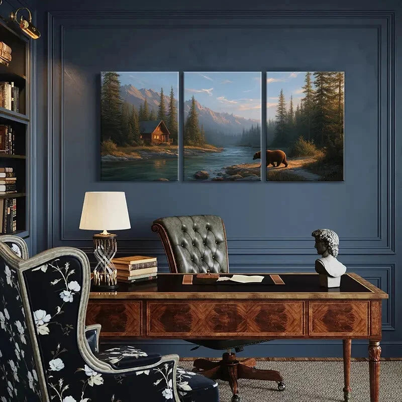 3pcs Mountain Cabin Bear Forest River Landscape Metal Print Ready to Hang Art - Bella Home Decor