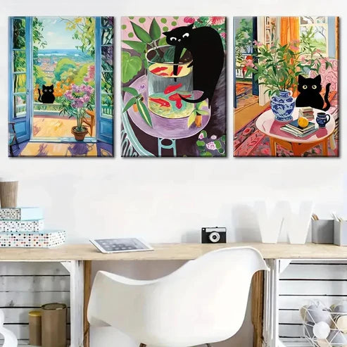 3pcs Cat and Flowers Artwork, Serene Wall Art Set Canvas Unframed - High Quality Print 100% Australian Made Wall Canvas - Bella Home Decor