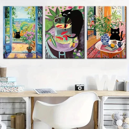 3pcs Cat and Flowers Artwork, Serene Wall Art Set Canvas Unframed - High Quality Print 100% Australian Made Wall Canvas - Bella Home Decor