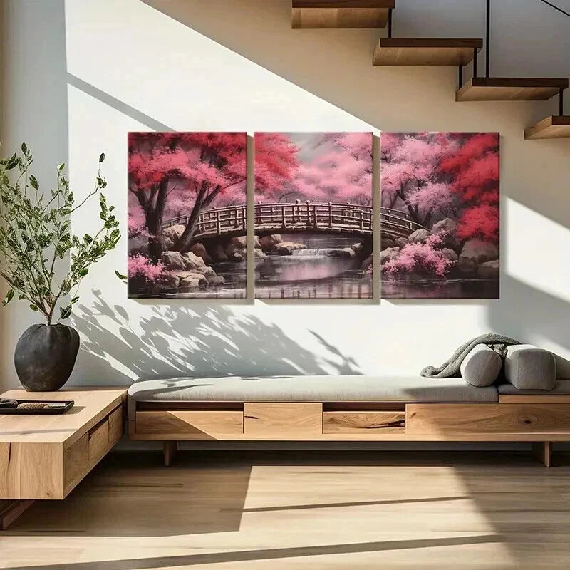3pcs Japanese Style Cherry Blossom Tree & River Wall Art Set Canvas Framed 50x70cm - High Quality Print 100% Australian Made Wall Canvas Ready to Hang - Bella Home Decor